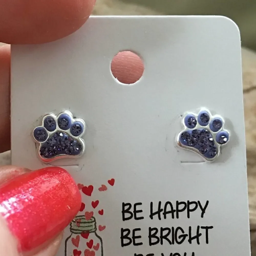 Girls Sterling Silver Paw Print Crystal Earrings